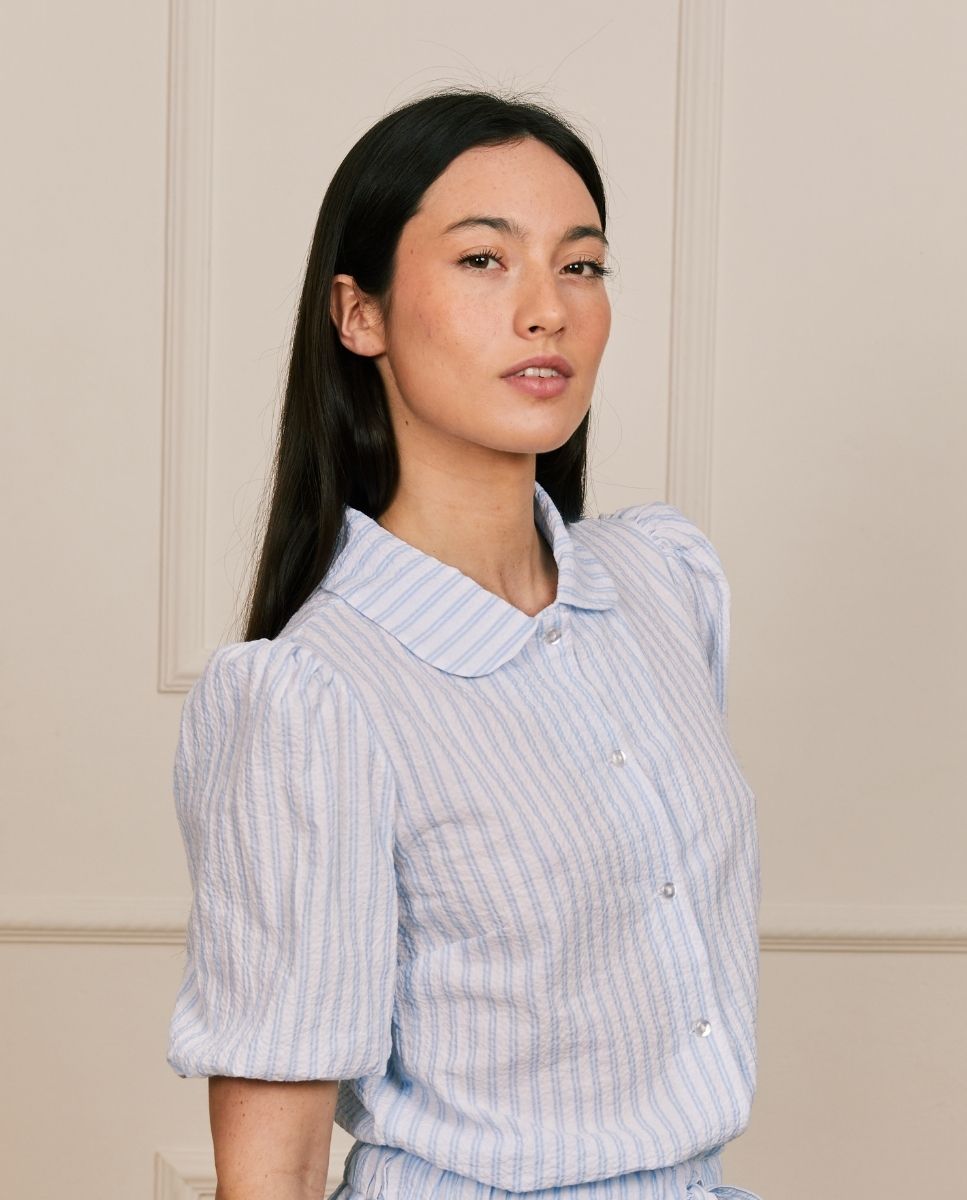 Camisa con mangas abullonadas a rayas azules - Bohodot - Azul / Blanco Azul / Blanco-3