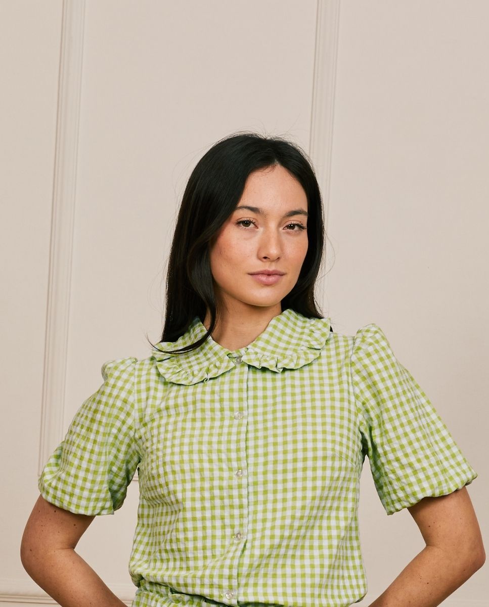 Camisa con mangas abullonadas a cuadros verdes - Bohodot - Azul / Verde Azul / Verde-1