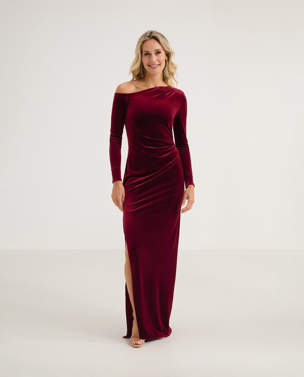 Vestido largo de terciopelo con cuello asimétrico - Veneno en la piel - Rojo Rojo-2