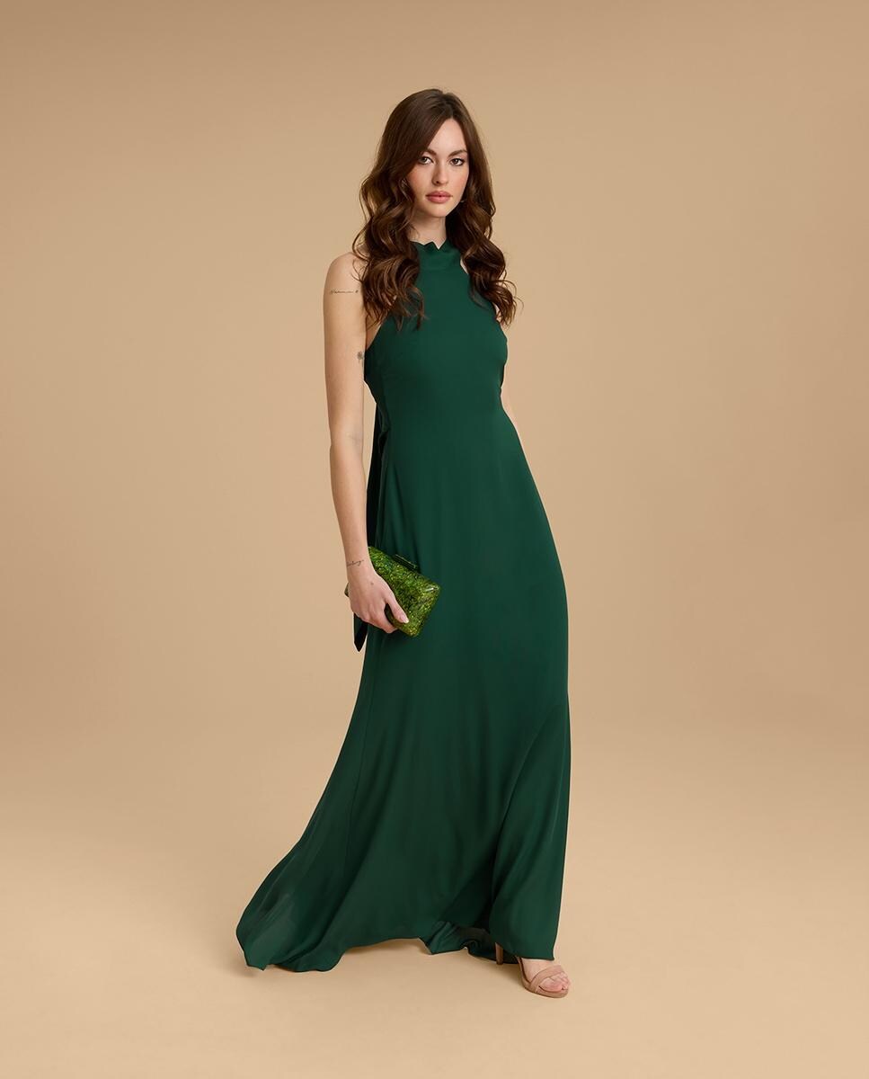 Vestidos largos de chiffon estilo halter con lazo Verde Oscuro Tallas Grandes