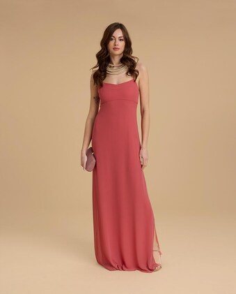 Vestidos largos de chiffon con tirantes finos en escote en V y bolsillo Naranja Tallas Grandes