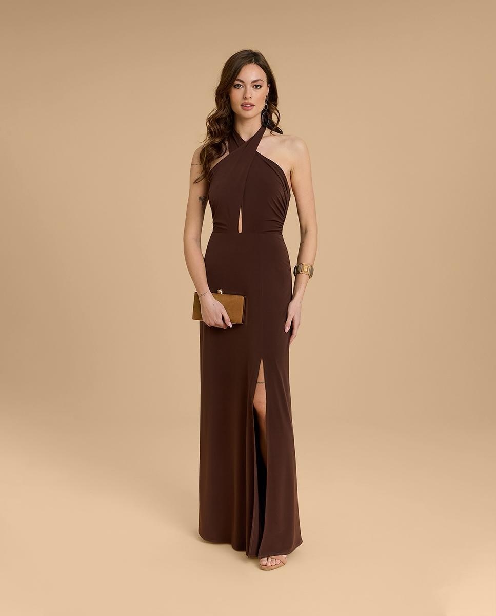 Vestido largo con cuello cruzado - Veneno en la piel - Marrón Marrón-1