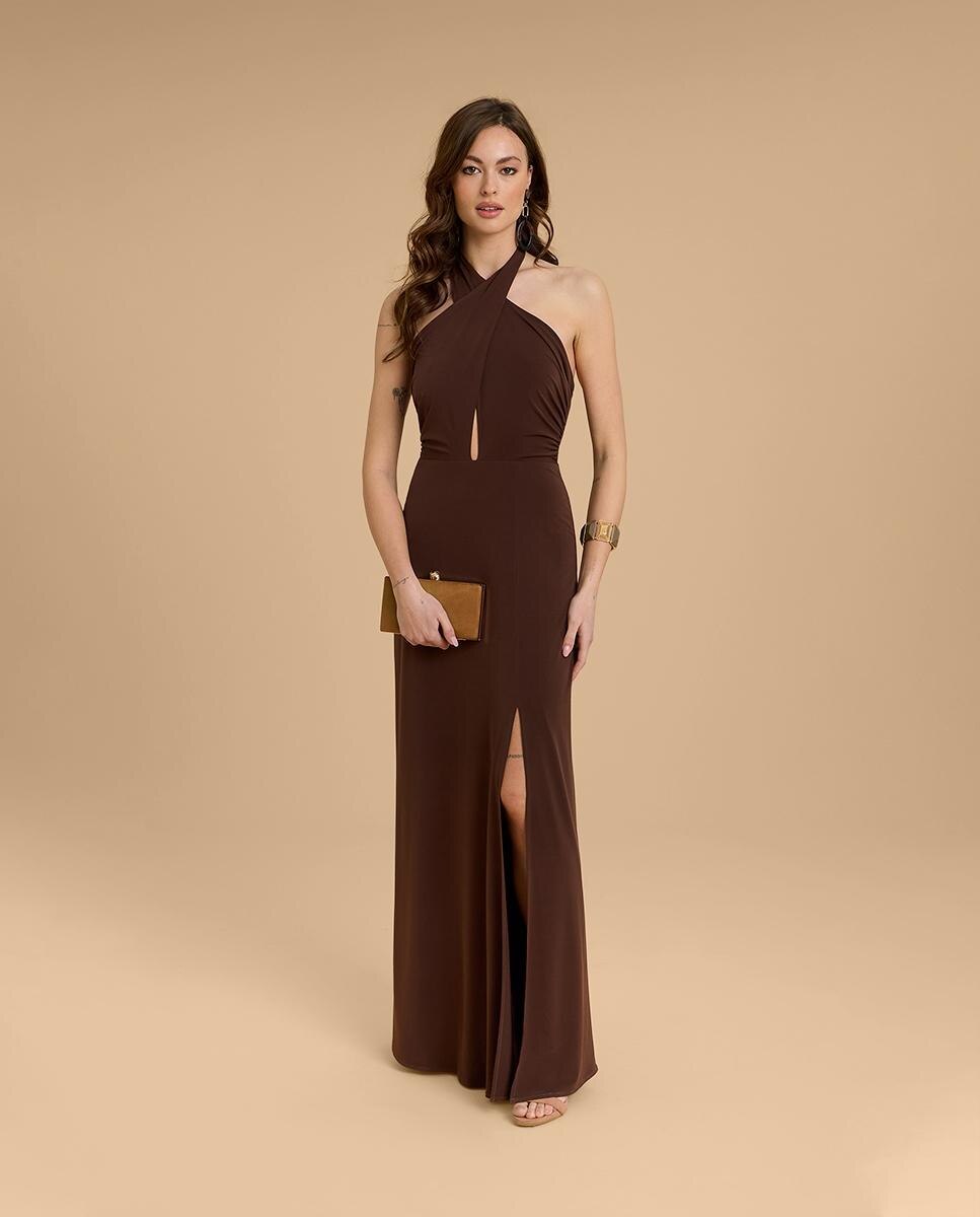 Vestido largo con cuello cruzado - Veneno en la piel - Marrón Marrón-2