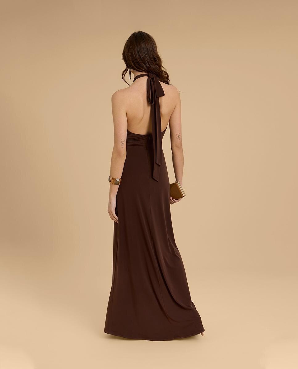 Vestido largo con cuello cruzado - Veneno en la piel - Marrón Marrón-4