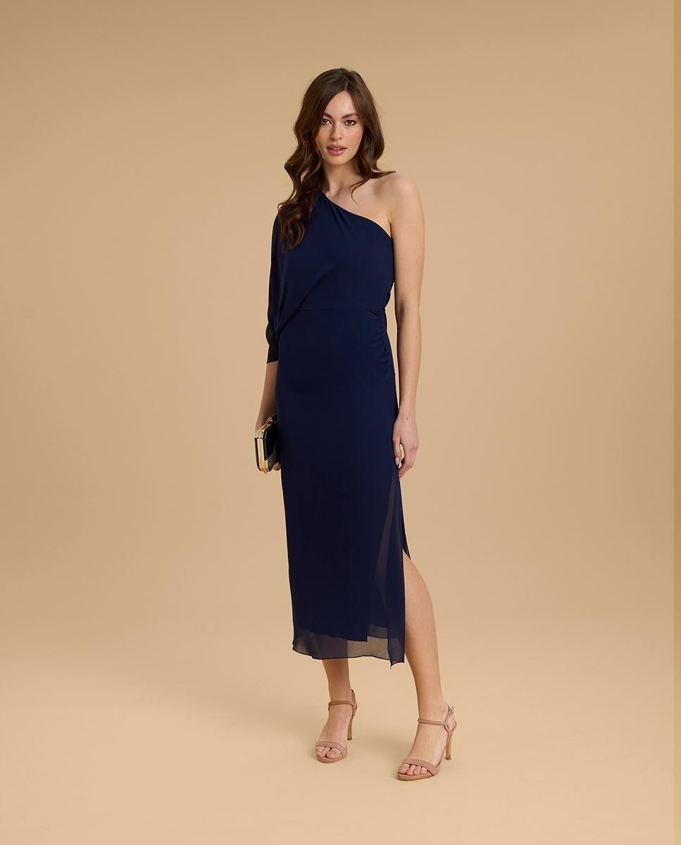 Vestido midi con manga fruncida - Veneno en la piel - Azul marino Azul marino-1