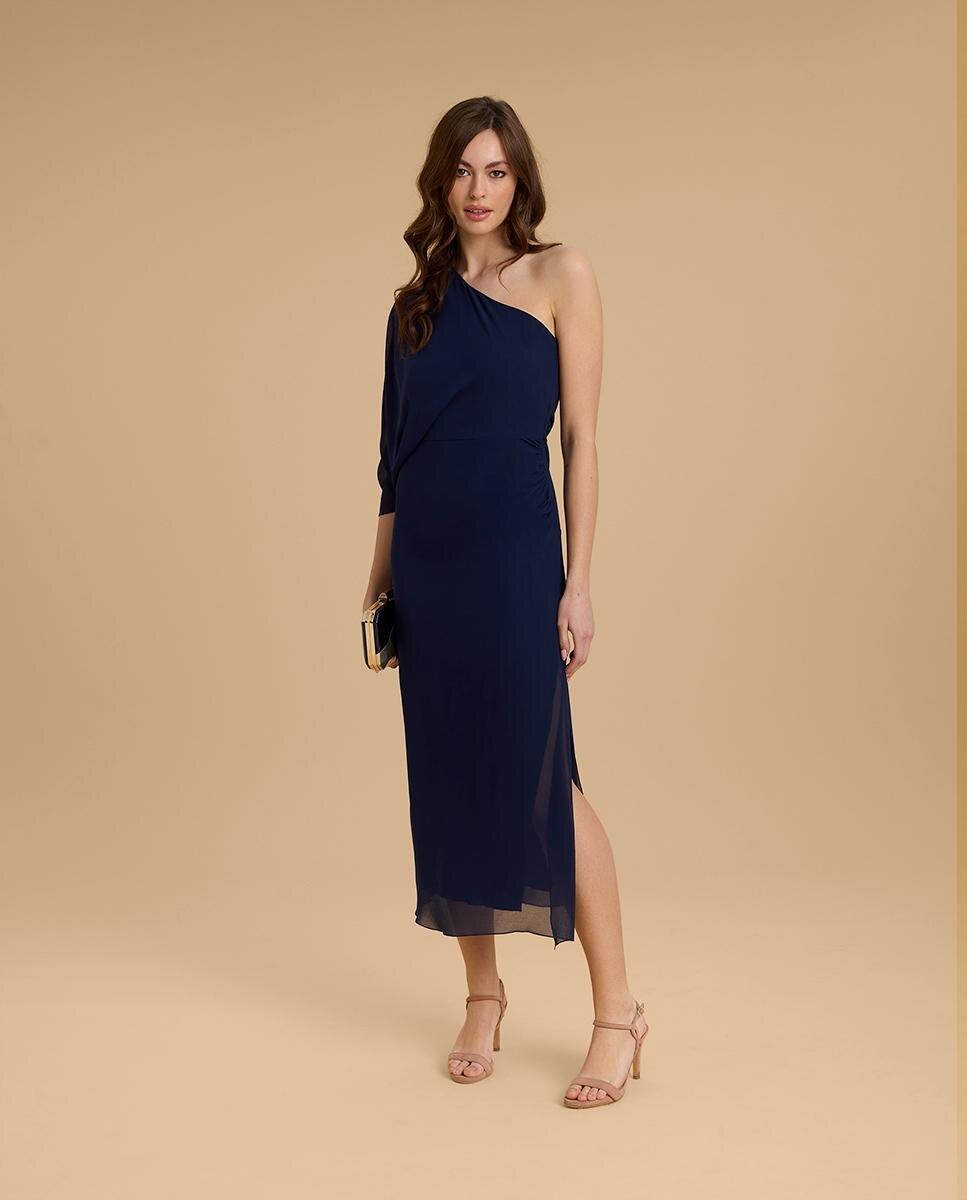Vestido midi con manga fruncida - Veneno en la piel - Azul marino Azul marino-2