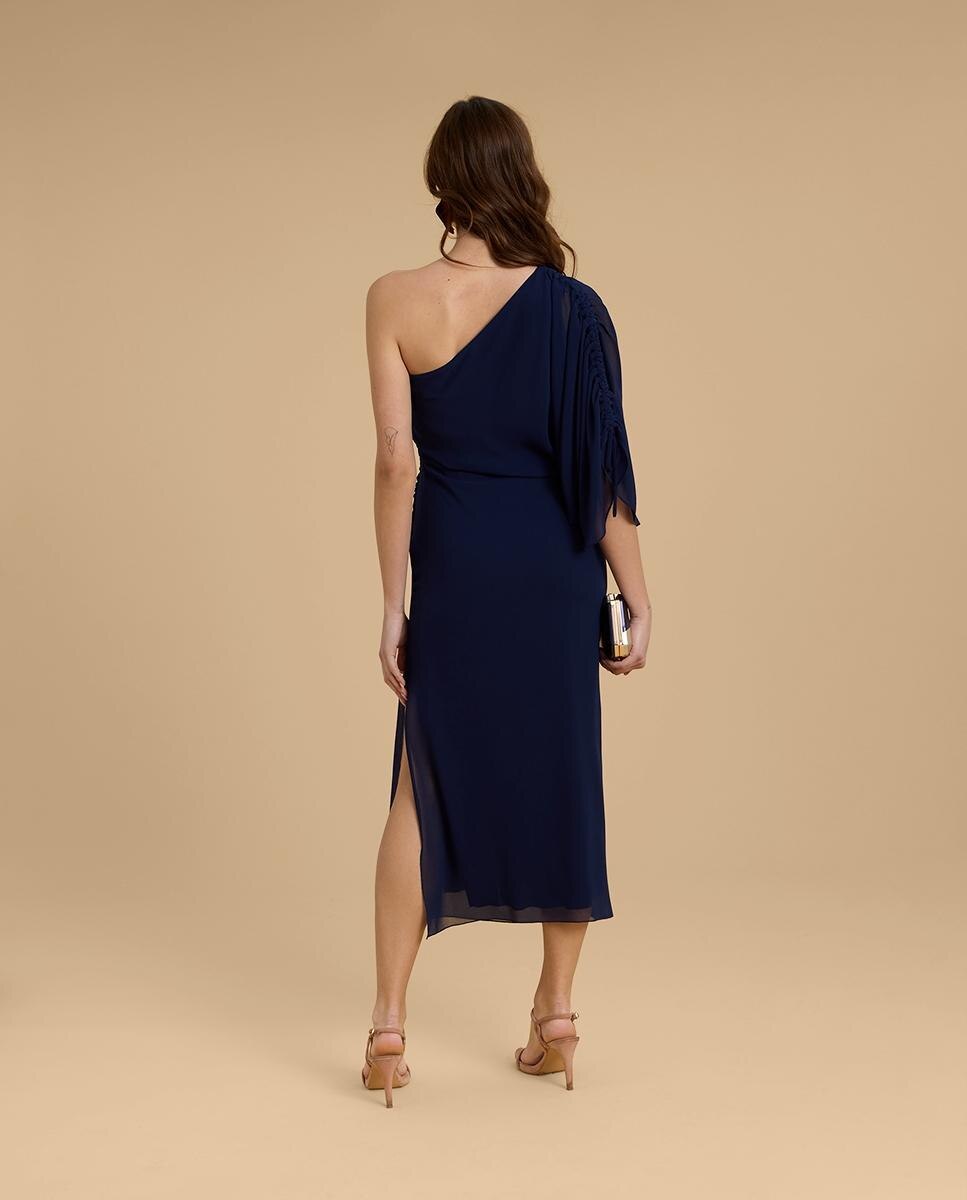 Vestido midi con manga fruncida - Veneno en la piel - Azul marino Azul marino-3