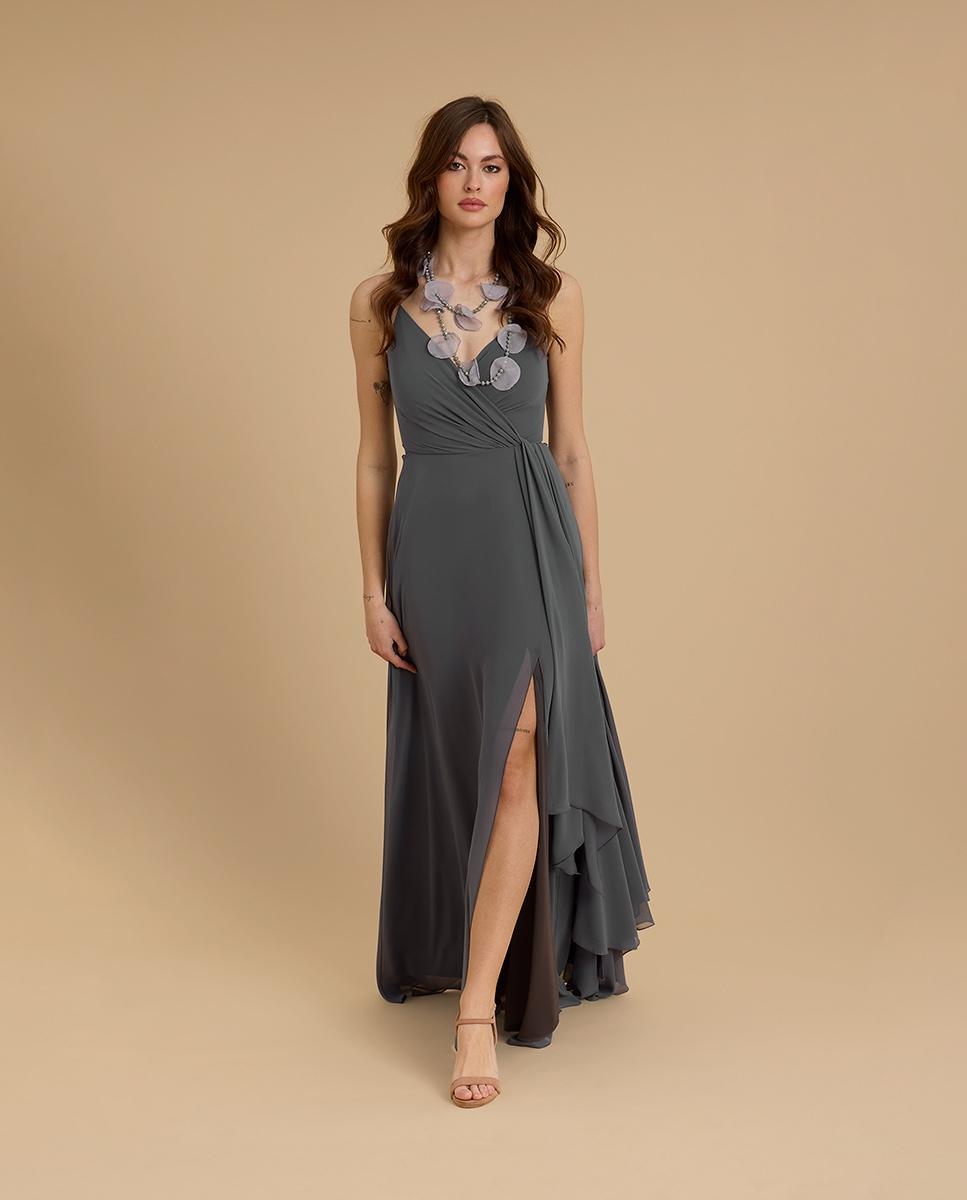 Vestido largo con tirantes regulables y escote cruzado - Veneno en la piel - Gris Gris-2