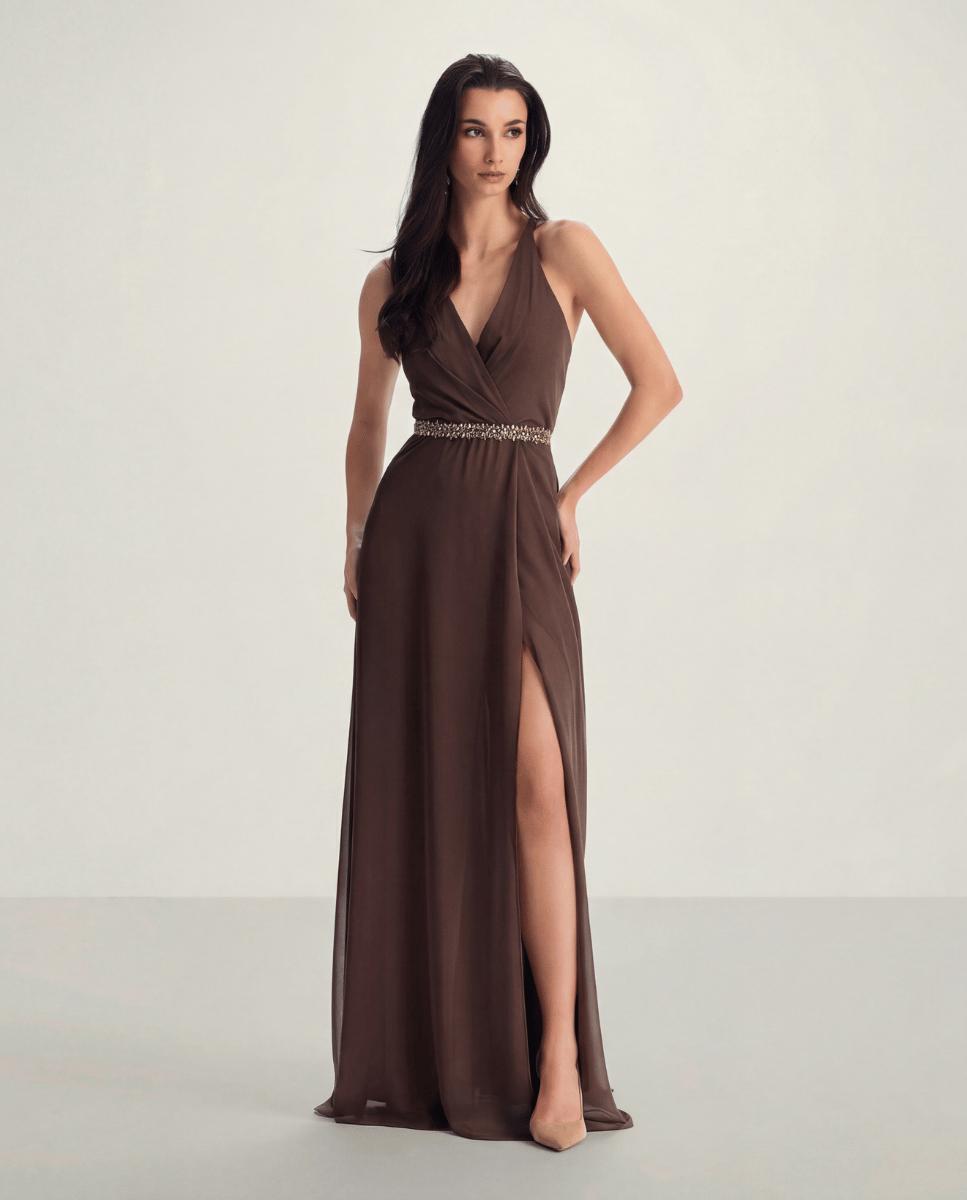 Vestido largo con escote cruzado y espalda con tirantes - Veneno en la piel - Marrón Marrón-1