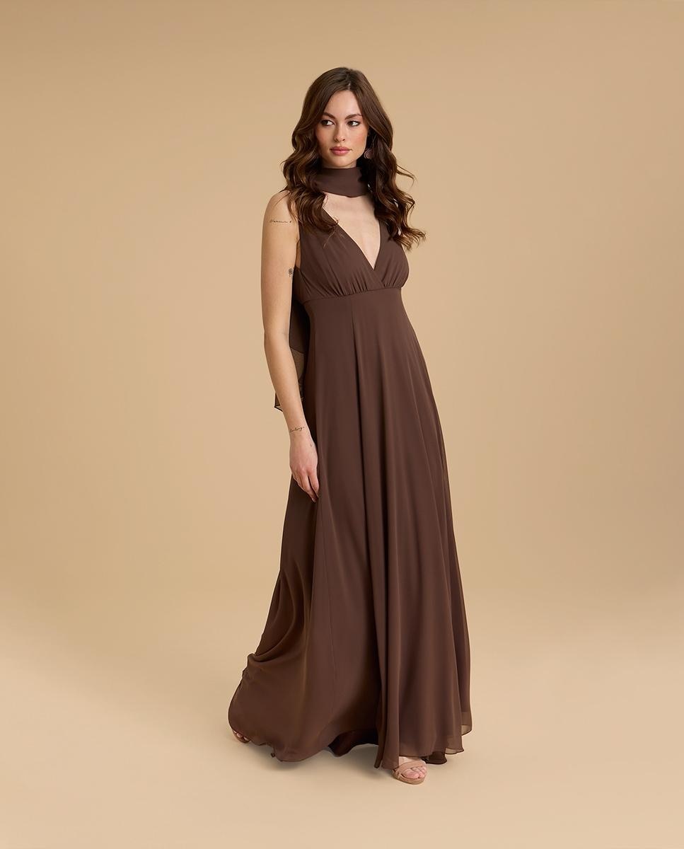 Vestido largo de gasa con escote en v - Veneno en la piel - Marrón Marrón-1