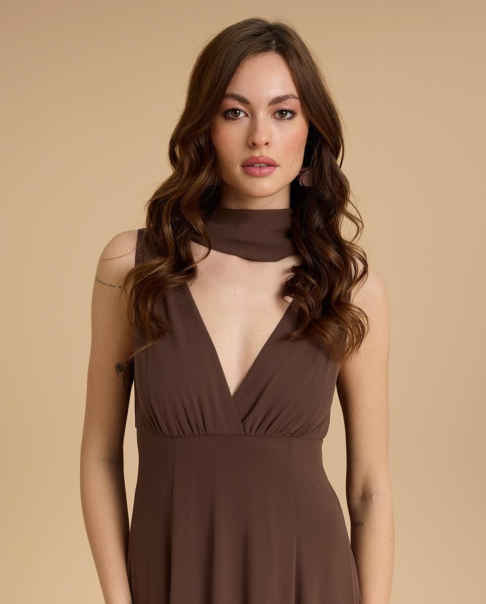 Vestido largo de gasa con escote en v - Veneno en la piel - Marrón Marrón-2