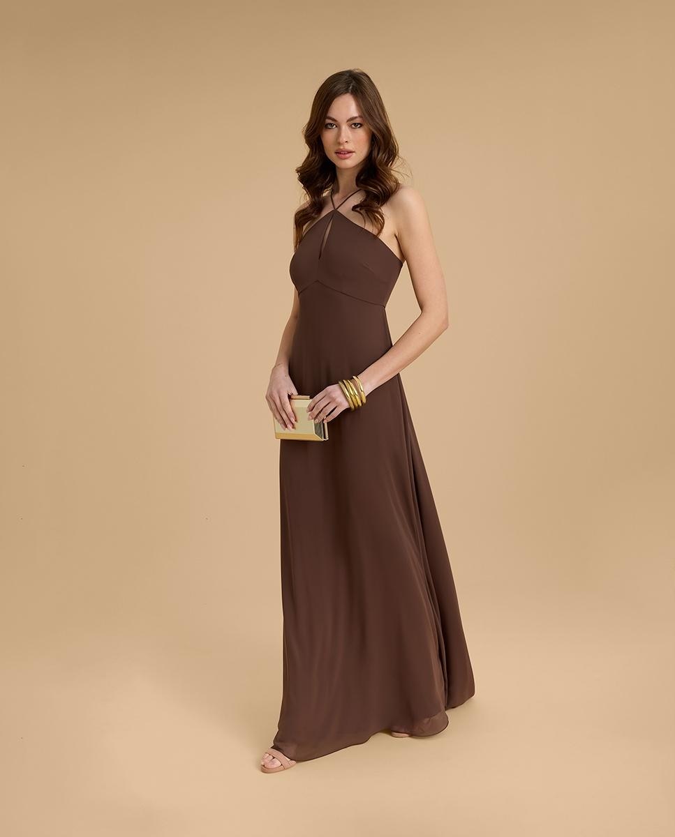 Vestido largo con escote tipo halter - Veneno en la piel - Marrón Marrón-1