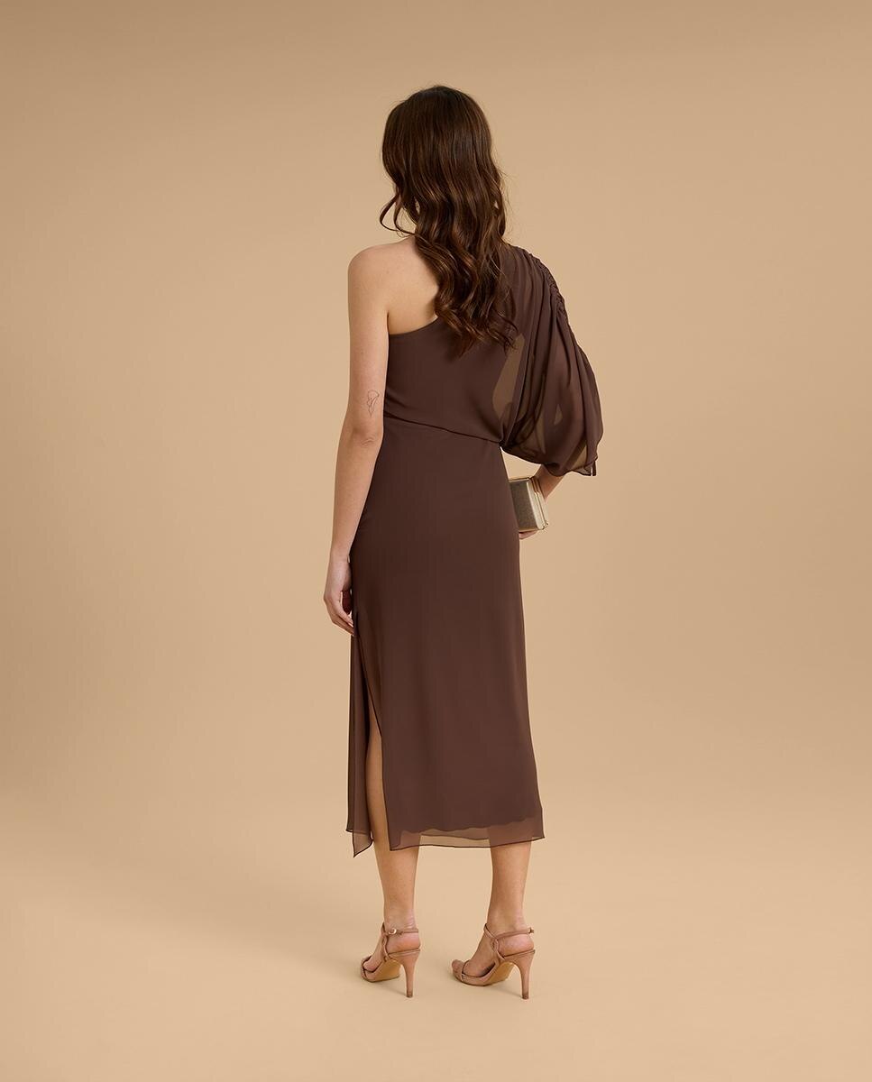 Vestido midi con manga fruncida - Veneno en la piel - Marrón Marrón-2