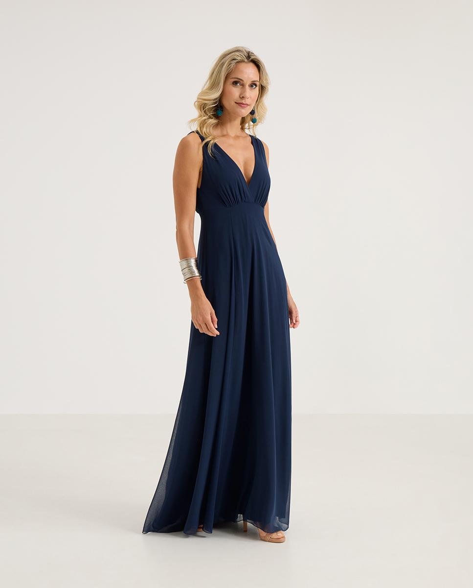 Vestido largo de gasa con escote en v - Veneno en la piel - Azul Azul-1