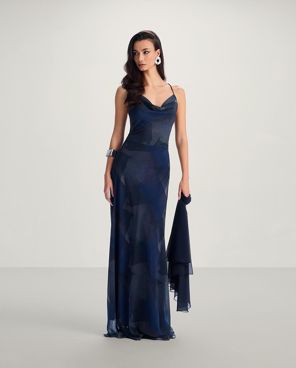 Vestido largo con escote fluido y espalda decubierta - Veneno en la piel - Azul Azul-1