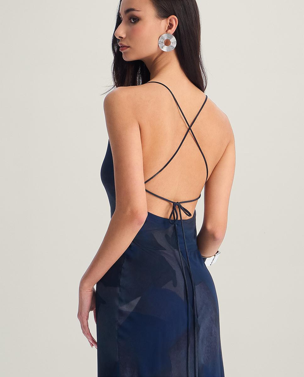 Vestido largo con escote fluido y espalda decubierta - Veneno en la piel - Azul Azul-2