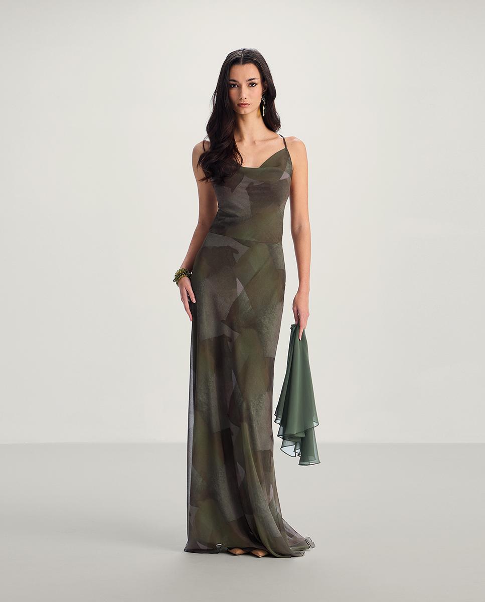 Vestido largo con escote fluido y espalda decubierta - Veneno en la piel - Verde Verde-1