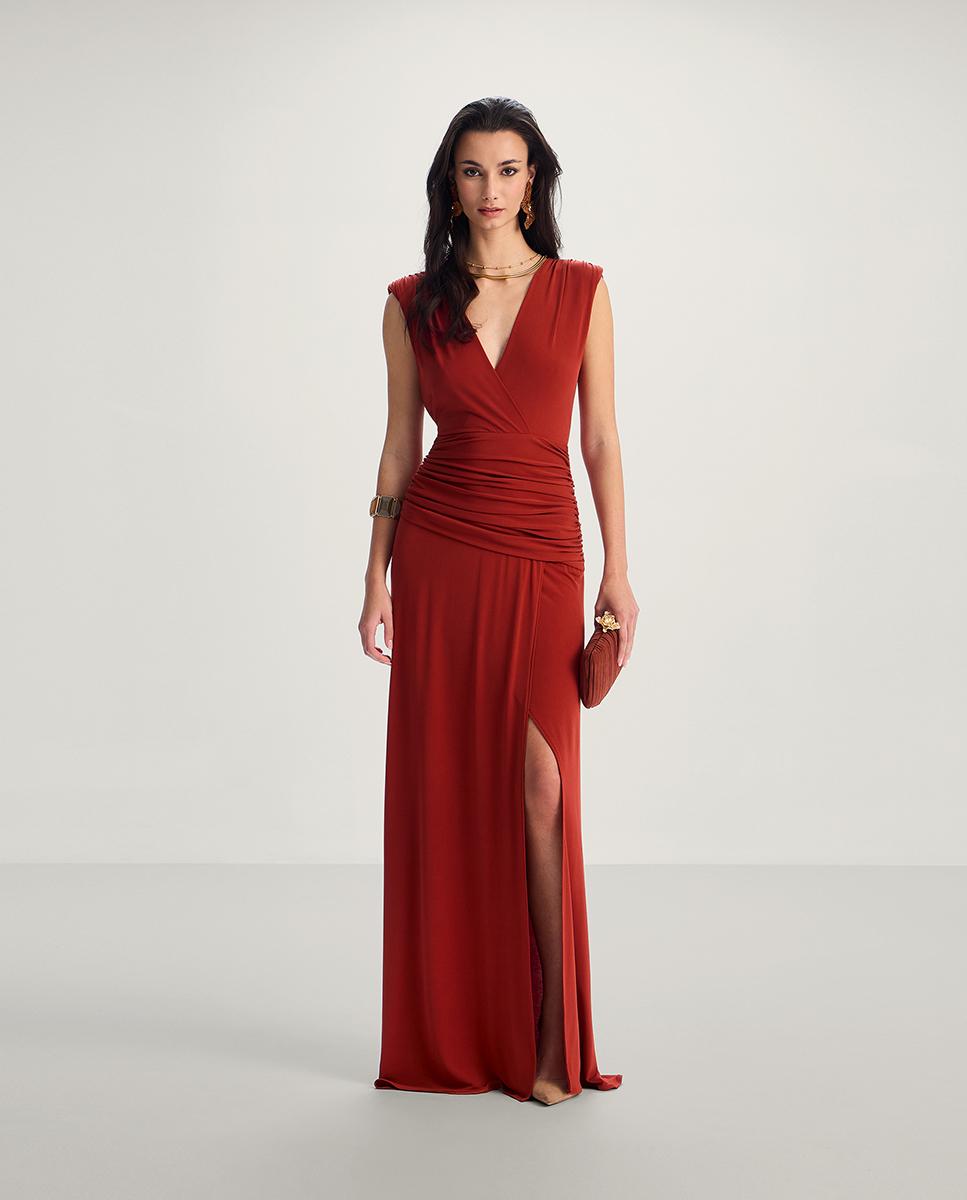 Vestido largo con escote cruzado y drapeado - Veneno en la piel - Marrón Marrón-1