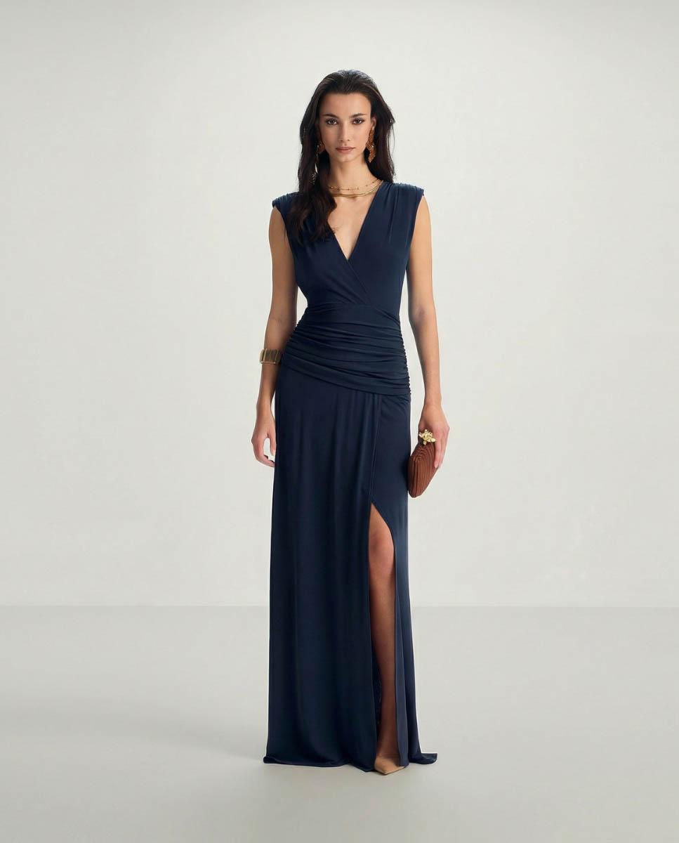 Vestido largo con escote cruzado y drapeado - Veneno en la piel - Azul Azul-1