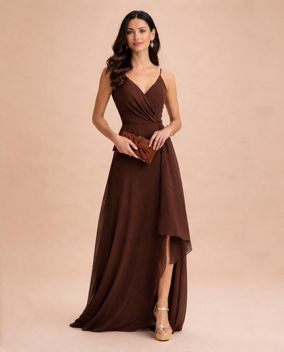 Vestido largo de gasa con falda fluída - Veneno en la piel - Marrón Marrón-1