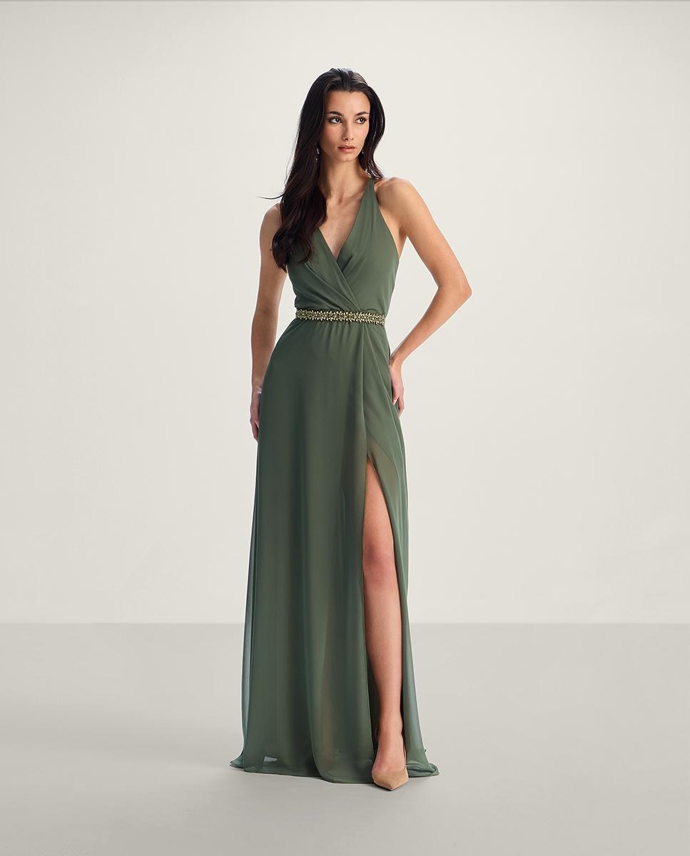 Vestido largo con escote cruzado y espalda con tirantes - Veneno en la piel - Verde Verde-1