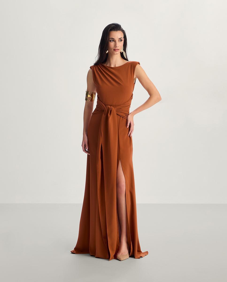 Vestido largo satinado con abertura - Veneno en la piel - Marrón Marrón-1