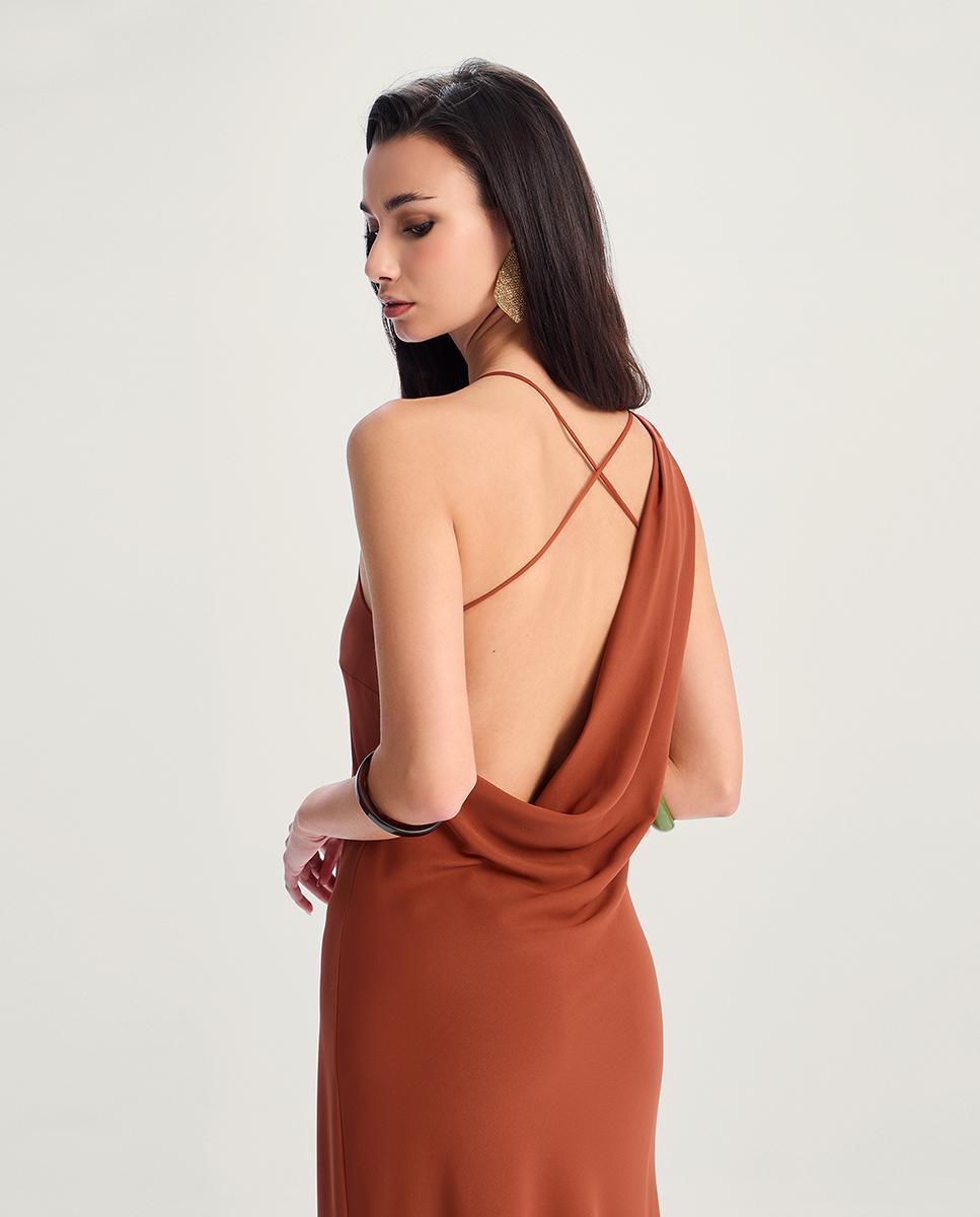 Vestido largo satinado con escote caja - Veneno en la piel - Marrón Marrón-2