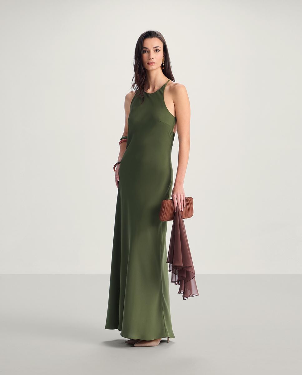 Vestido largo satinado con escote caja - Veneno en la piel - Verde Verde-1