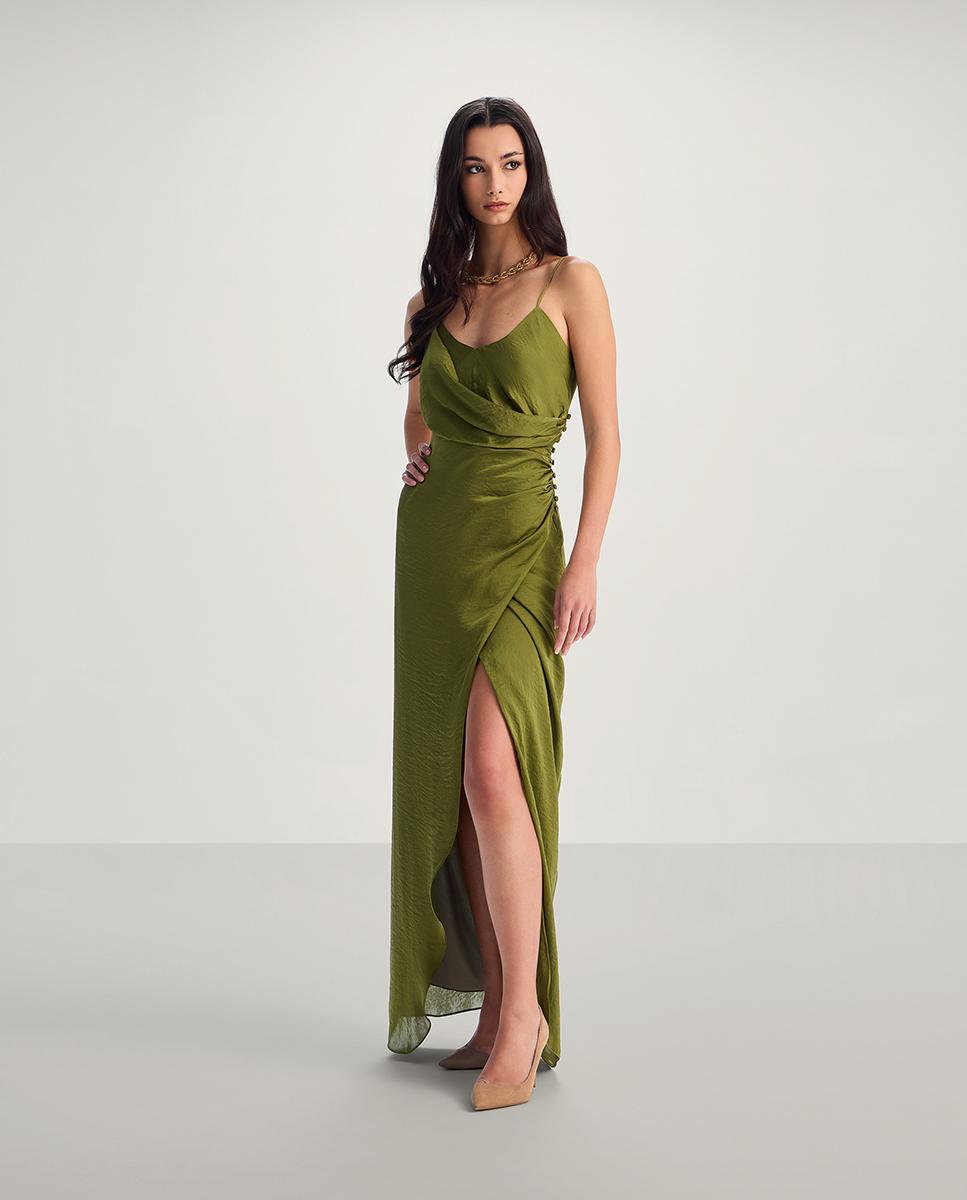Vestido largo drapeado asimétrico - Veneno en la piel - Verde Verde-1