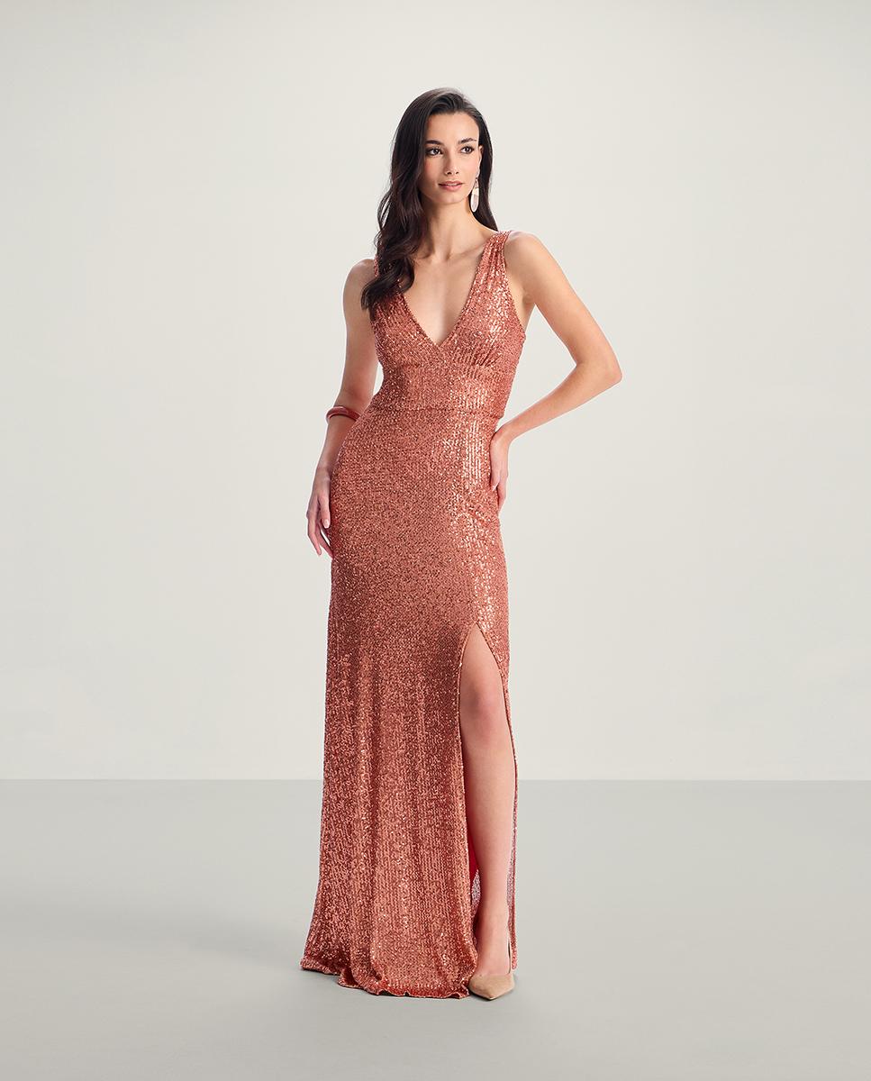 Vestido largo con lentejuelas y escote en v - Veneno en la piel - Salmón Salmón-1