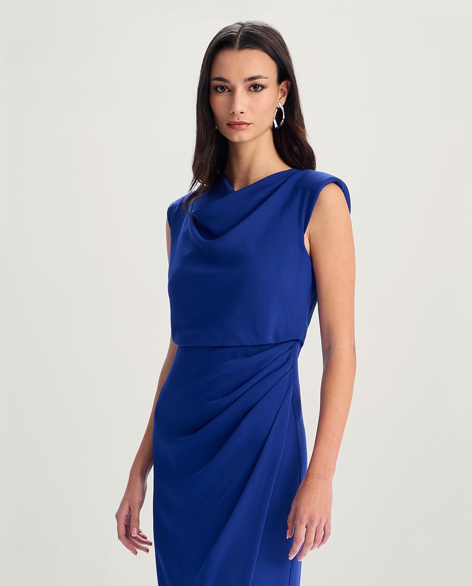 Vestido midi recto con escote drapeado - Veneno en la piel - Azul Azul-2