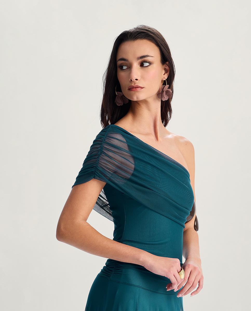 Vestido largo asimétrico en tull - Veneno en la piel - Turquesa Turquesa-2