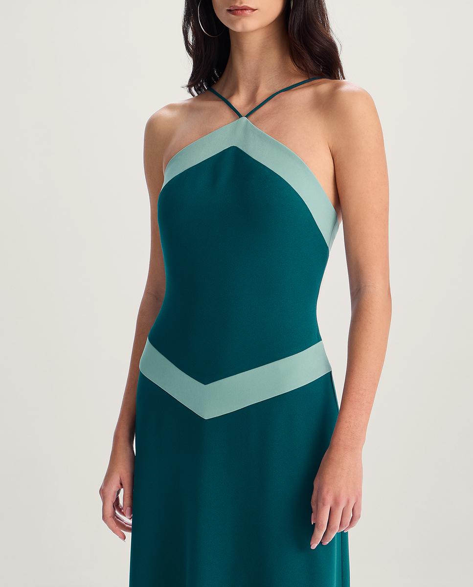 Vestido largo con cuello halter y contraste - Veneno en la piel - Turquesa Turquesa-2