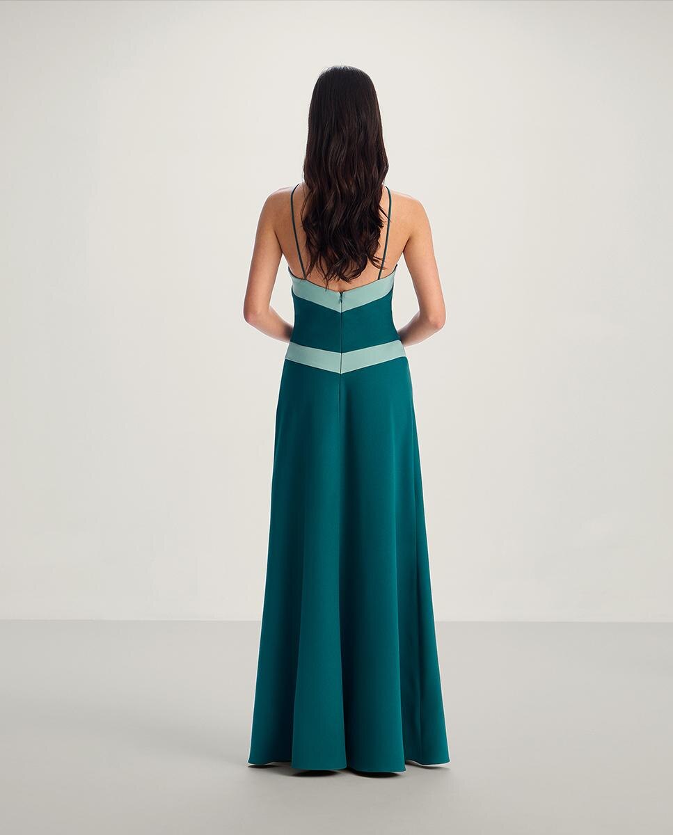 Vestido largo con cuello halter y contraste - Veneno en la piel - Turquesa Turquesa-3