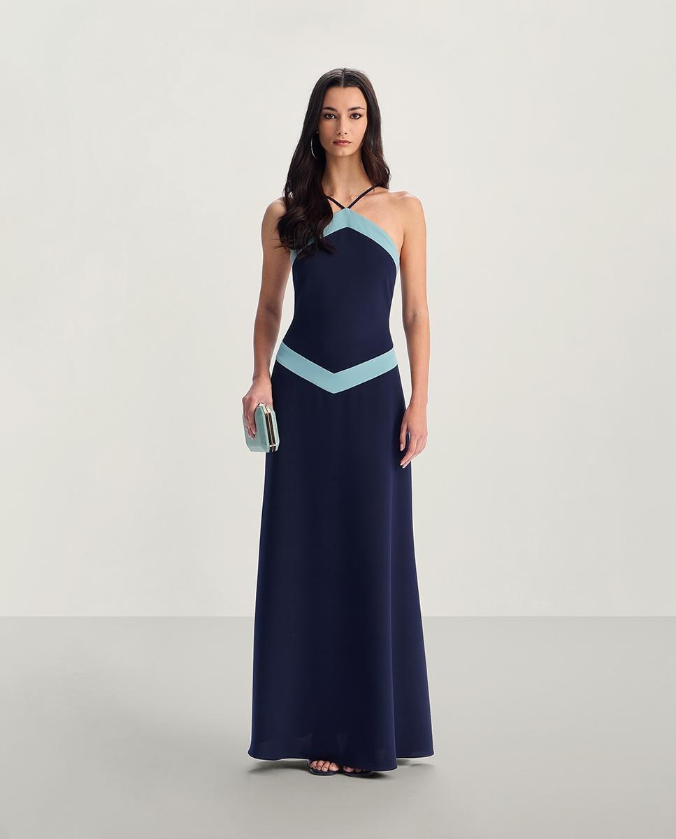 Vestido largo con cuello halter y contraste - Veneno en la piel - Azul Azul-1