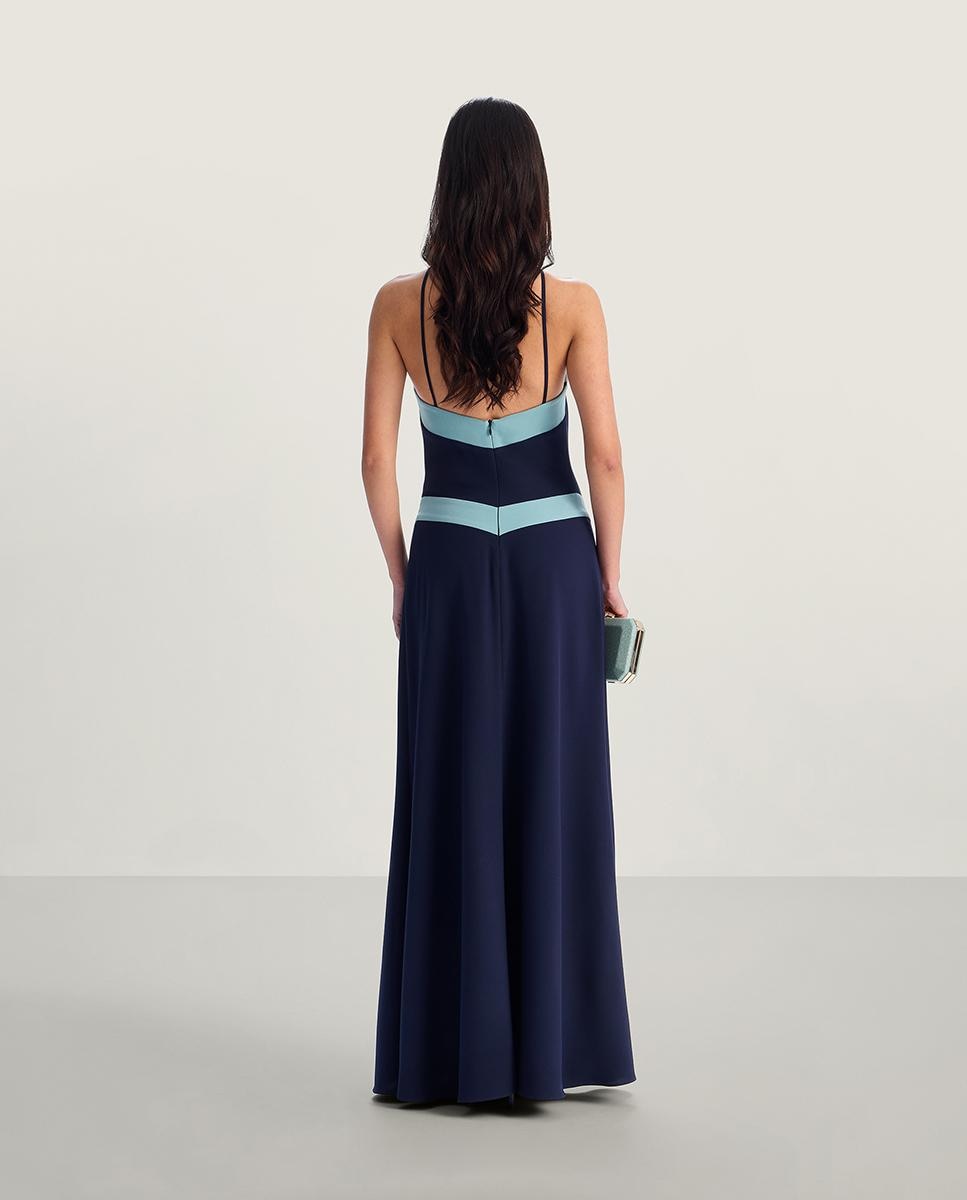 Vestido largo con cuello halter y contraste - Veneno en la piel - Azul Azul-3