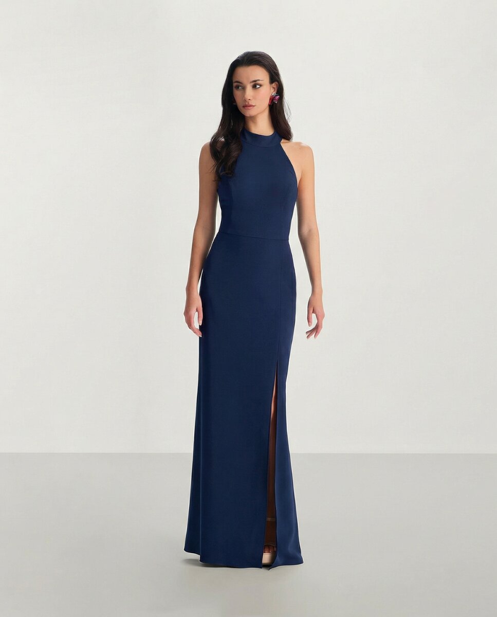 Vestido largo con apertura lateral y cuello halter - Veneno en la piel - Azul Azul-1