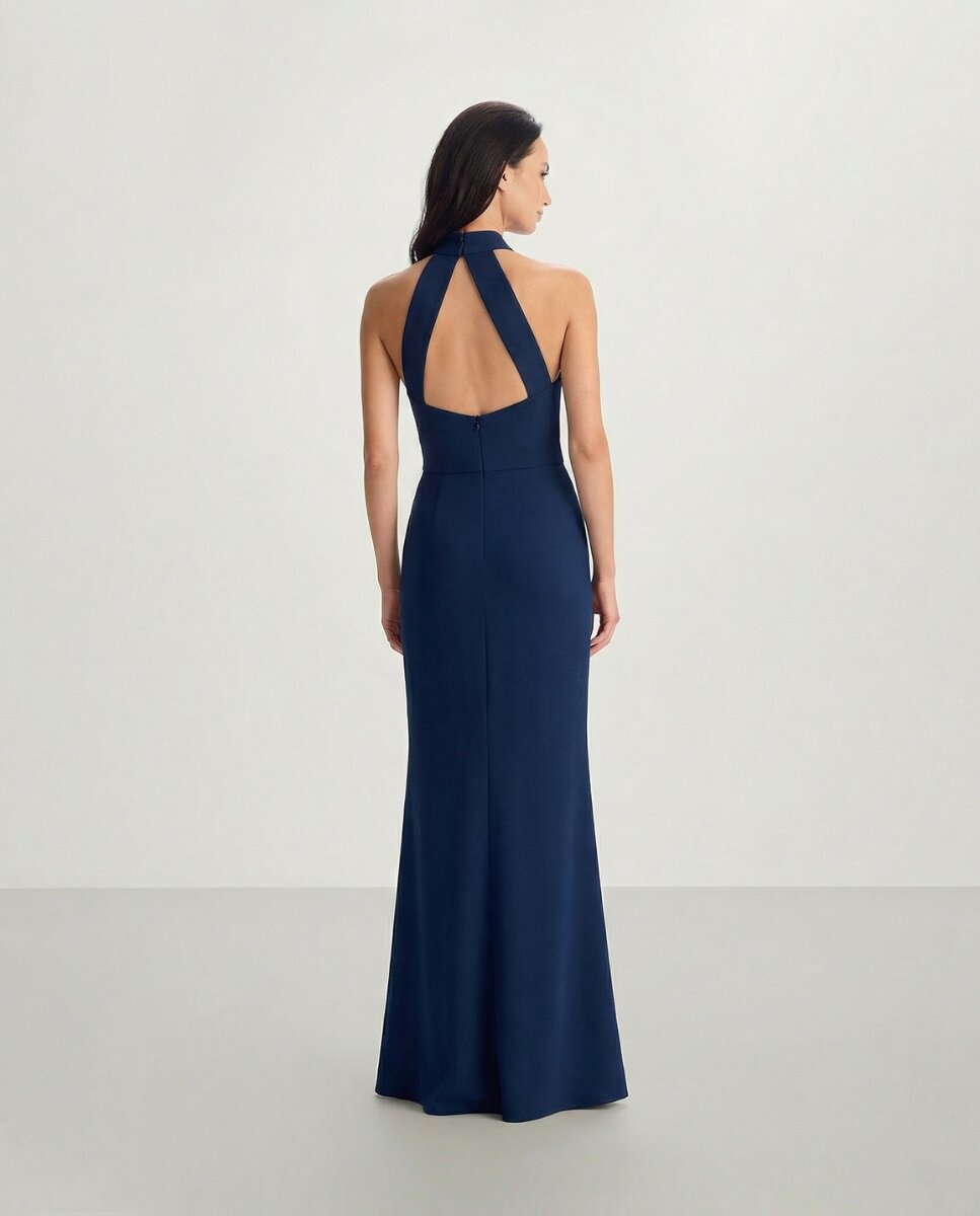 Vestido largo con apertura lateral y cuello halter - Veneno en la piel - Azul Azul-3