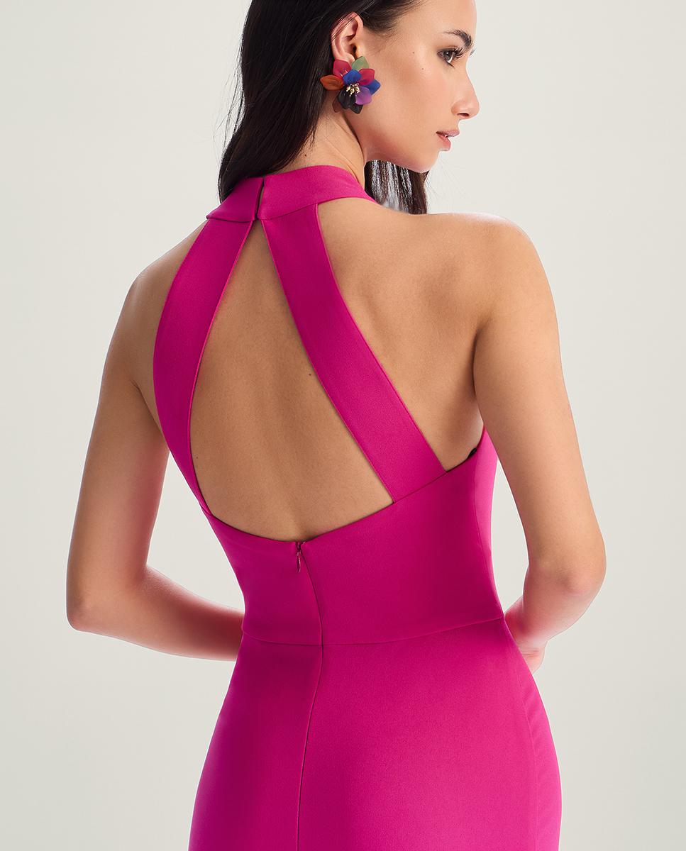 Vestido largo con apertura lateral y cuello halter - Veneno en la piel - Rosa Rosa-2