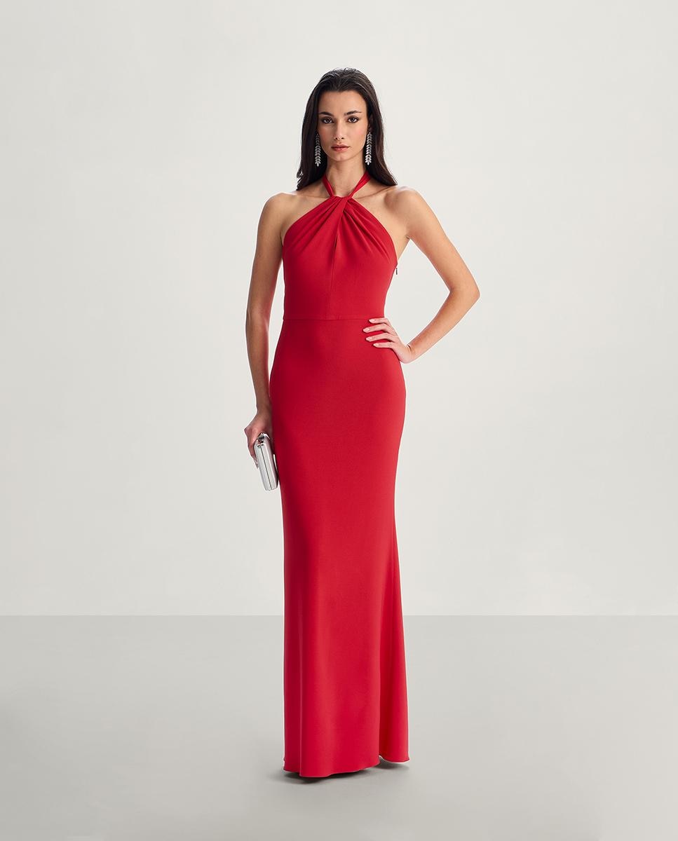 Vestido largo con espalda descubierta y cuello halter - Veneno en la piel - Rojo Rojo-1