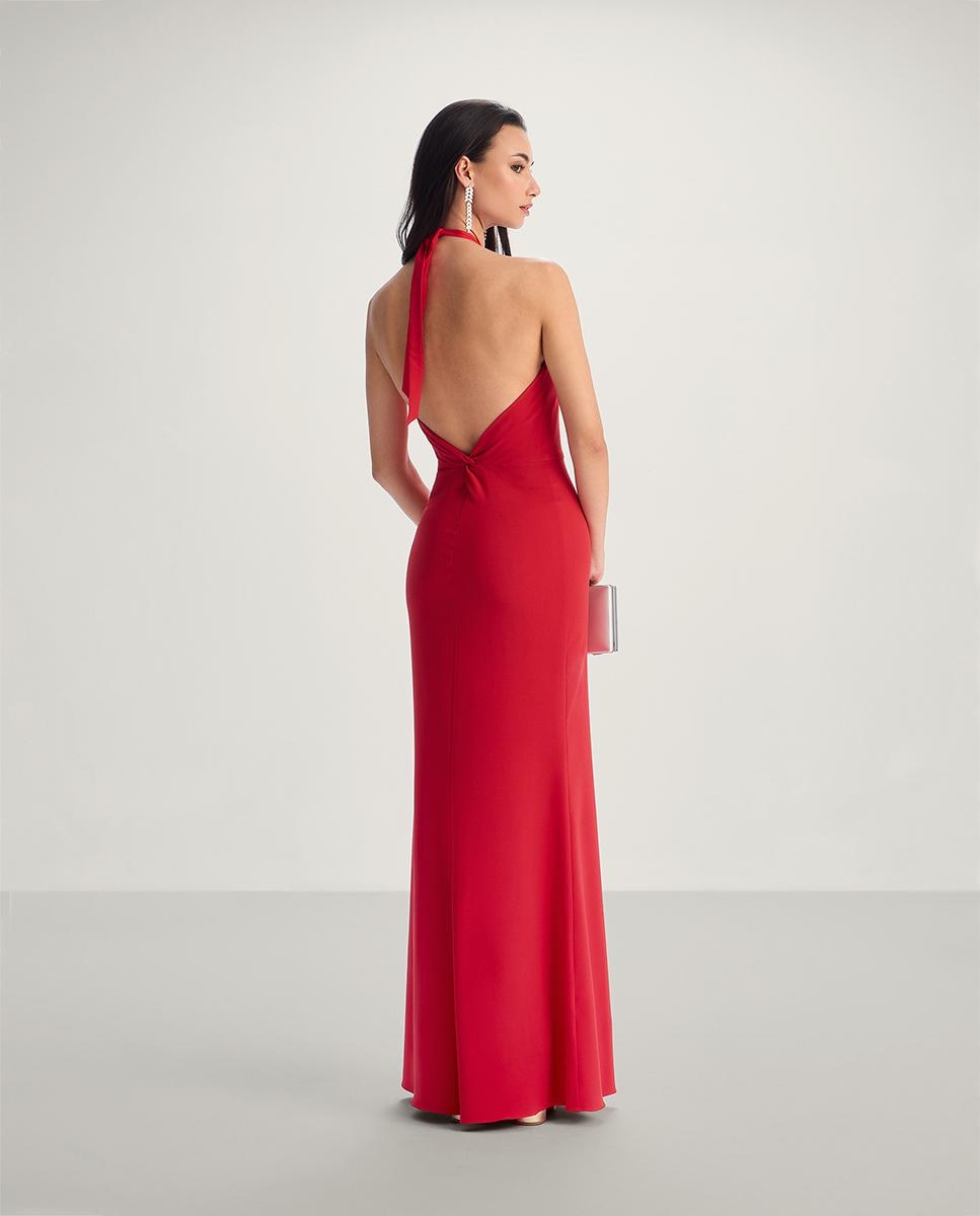 Vestido largo con espalda descubierta y cuello halter - Veneno en la piel - Rojo Rojo-3