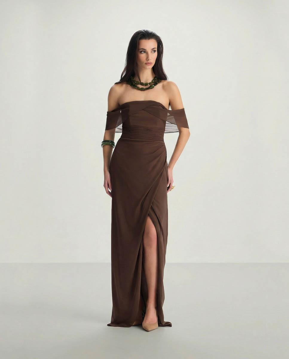 Vestido largo de gasa fluida escote palabra de honor - Veneno en la piel - Marrón Marrón-1