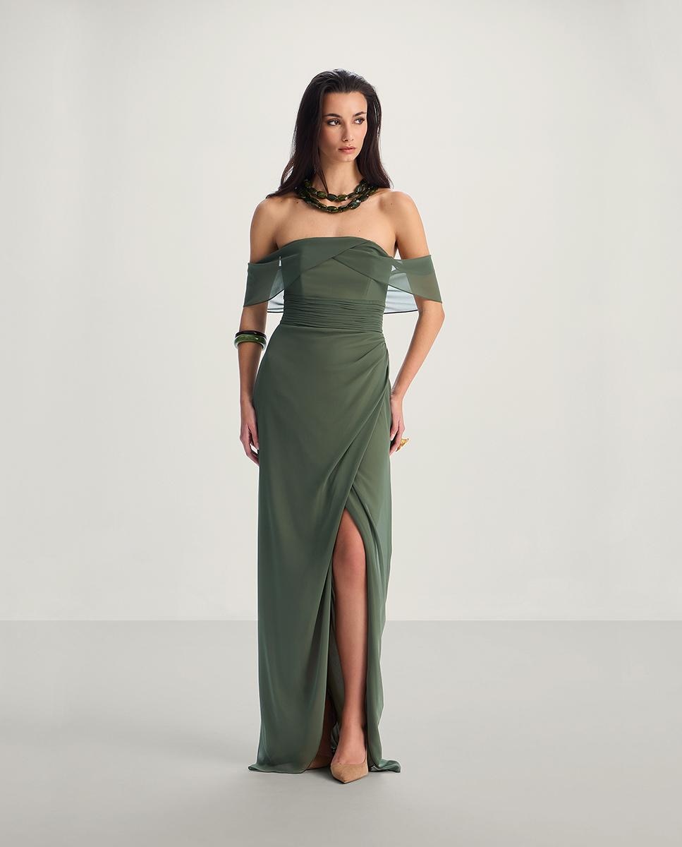 Vestido largo de gasa fluida escote palabra de honor - Veneno en la piel - Verde Verde-1