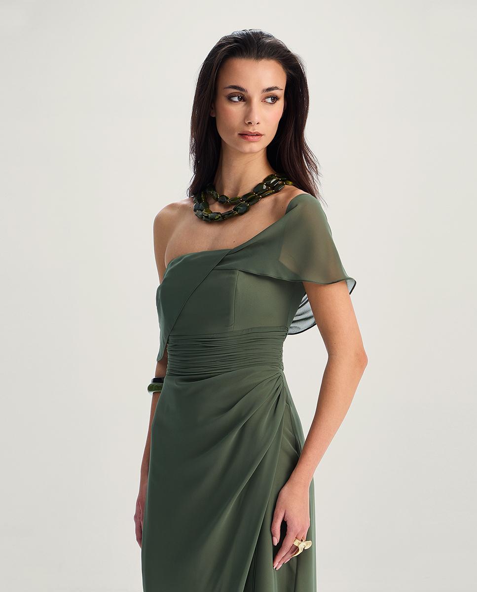 Vestido largo de gasa fluida escote palabra de honor - Veneno en la piel - Verde Verde-2