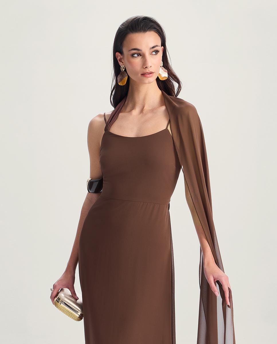 Vestido largo de tirantes con capa - Veneno en la piel - Marrón Marrón-2