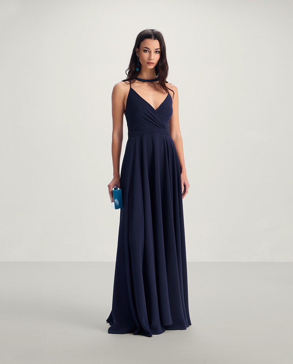 Vestido largo en crepe con falda maxi y bolsillos laterales - Veneno en la piel - Azul marino Azul marino-1
