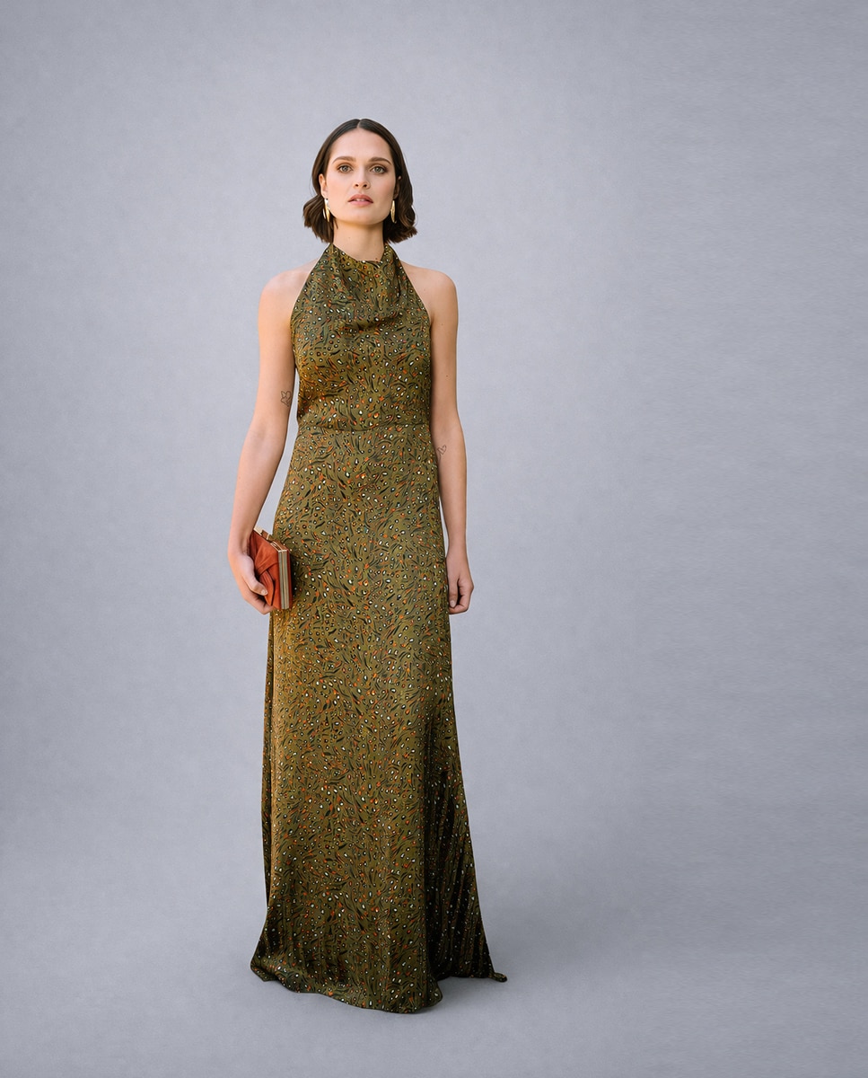 Vestido largo de gasa con cuello halter y espalda descubierta - Veneno en la piel - Verde Verde-1