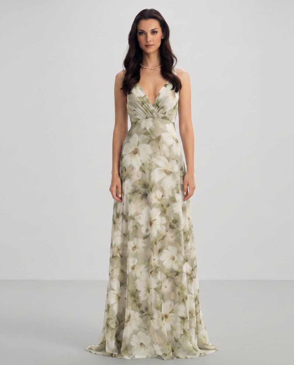 Imagen 0 de Vestido largo de gasa con escote cruzado y espalda en v Beige