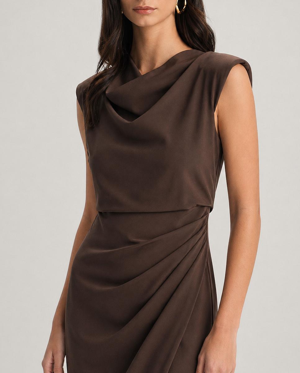 Vestido oliva midi con escote drapeado y abertura frontal - Veneno en la piel - Marrón Marrón-2