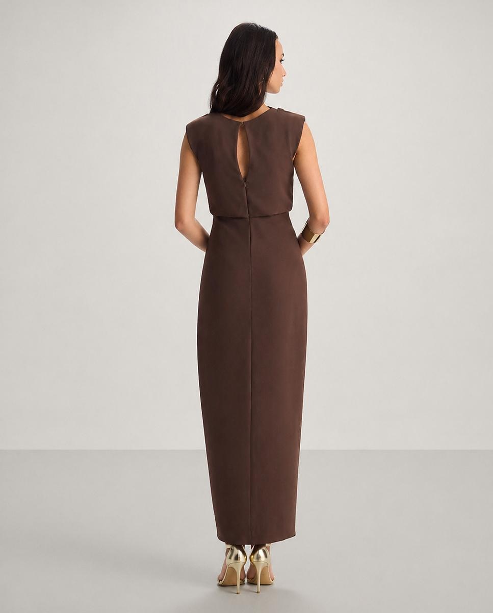 Vestido oliva midi con escote drapeado y abertura frontal - Veneno en la piel - Marrón Marrón-3